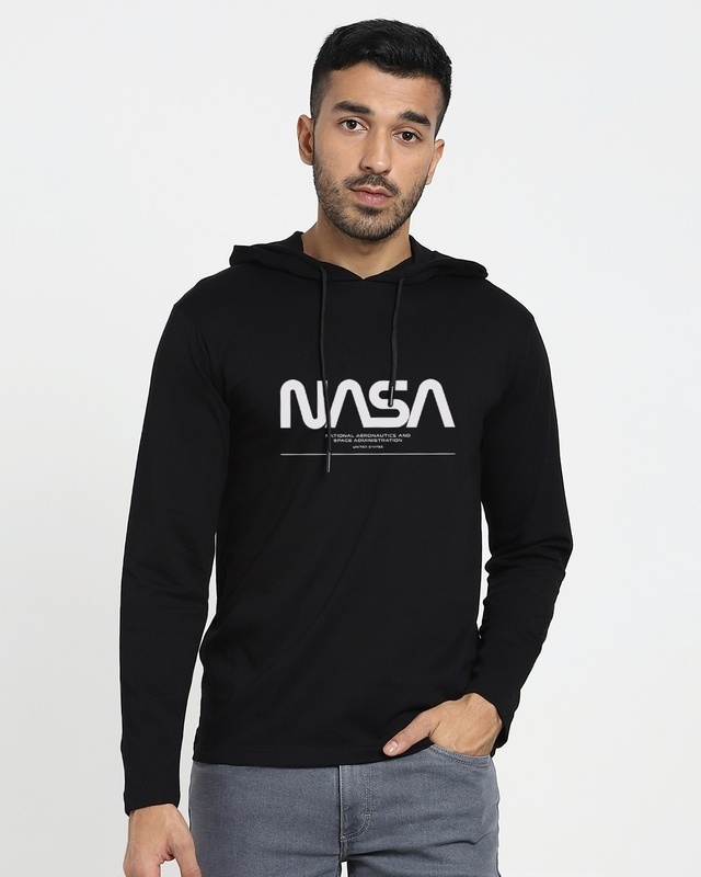 Shop Men's Black NASA Typography Hoodie T-shirt-Front