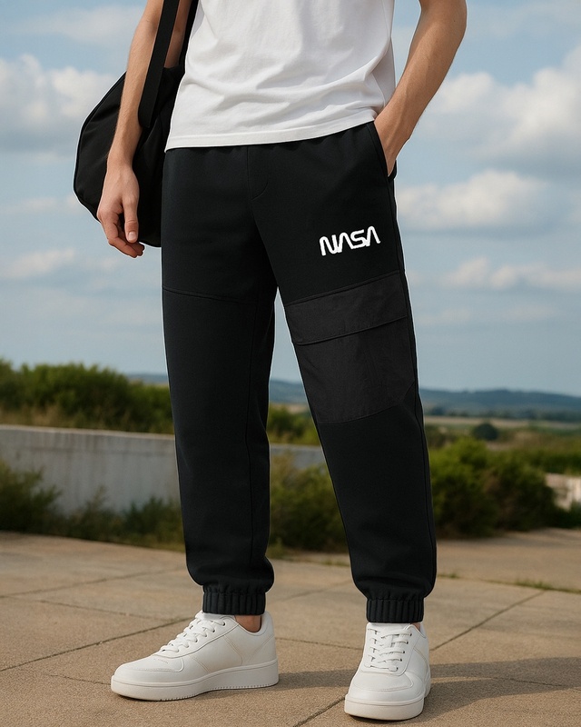 Shop Men's Black NASA Typography Oversized Cargo Joggers-Front