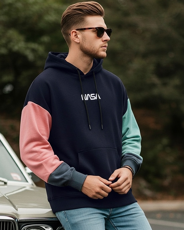 Men's Black NASA Typography Oversized Hoodies-Front Bewakoof Shop Men's Black NASA Typography Oversized Hoodies-Front