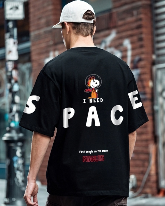 Shop Men's Black Need Space Snoopy Graphic Printed Oversized T-shirt-Front