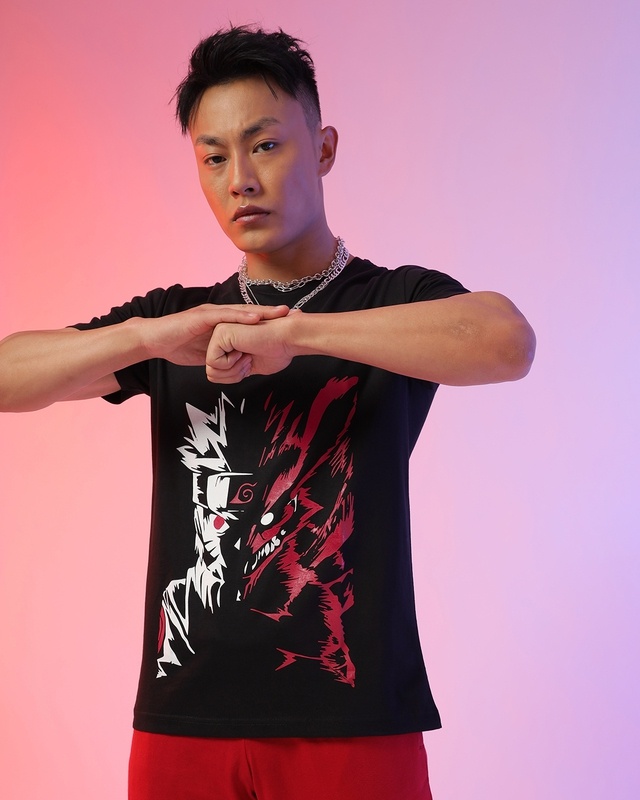 Shop Men's Black Nine Tails Graphic Printed T-shirt-Front