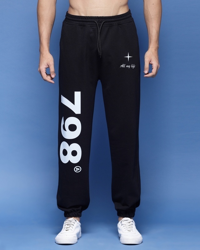 Shop Men's Black Numeric Printed Relaxed Fit Joggers-Front