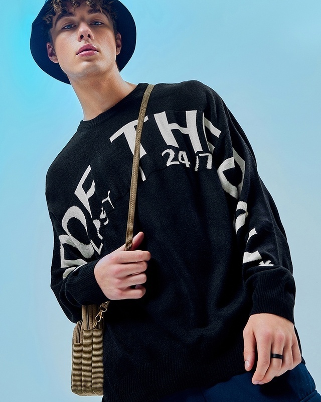 Shop Men's Black Of Mood Typography Flatknit Sweater-Front