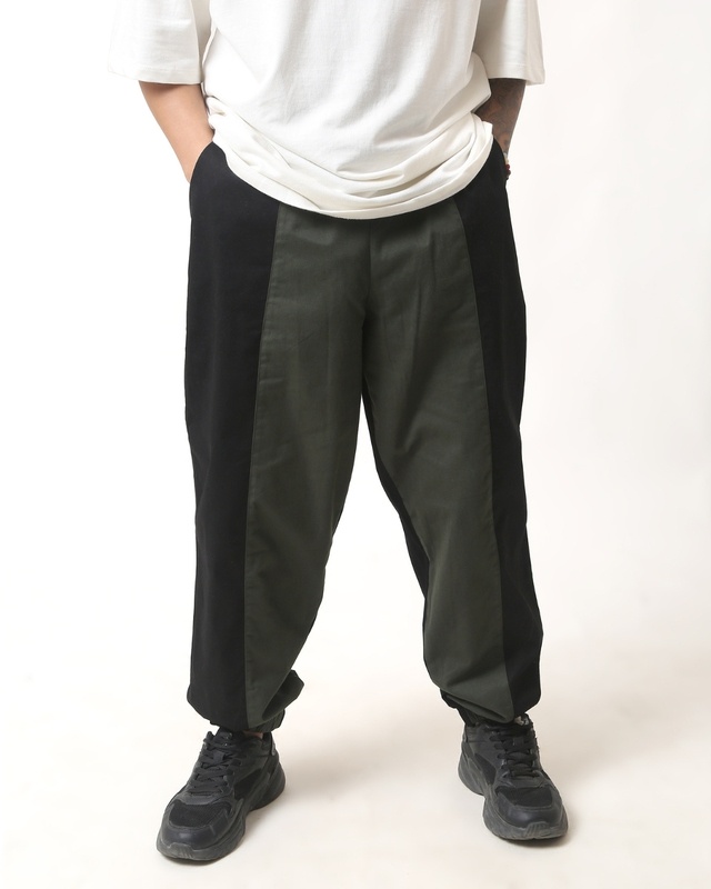 Shop Men's Black & Olive Green Color Block Loose Comfort Fit Joggers-Front