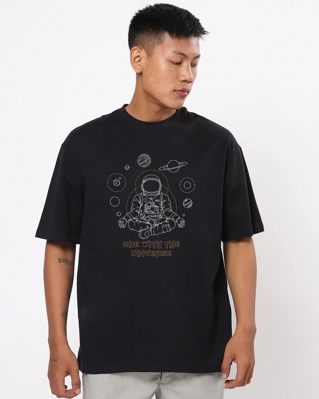 Shop Men's Black One With The Universe Graphic Printed Oversized T-shirt-Front