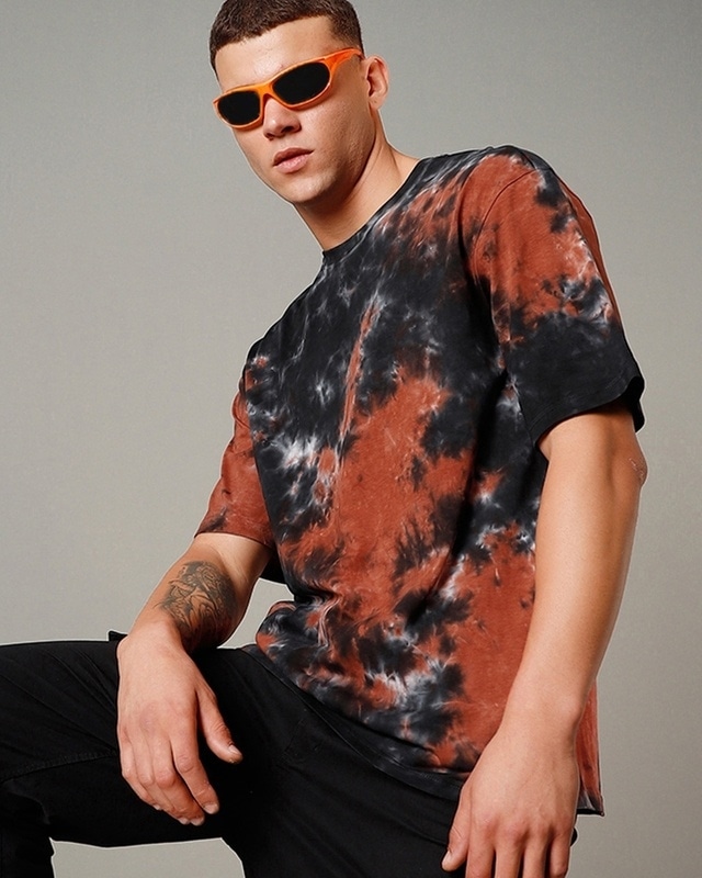 Shop Men's Black & Orange Tie & Dye Oversized T-shirt-Front