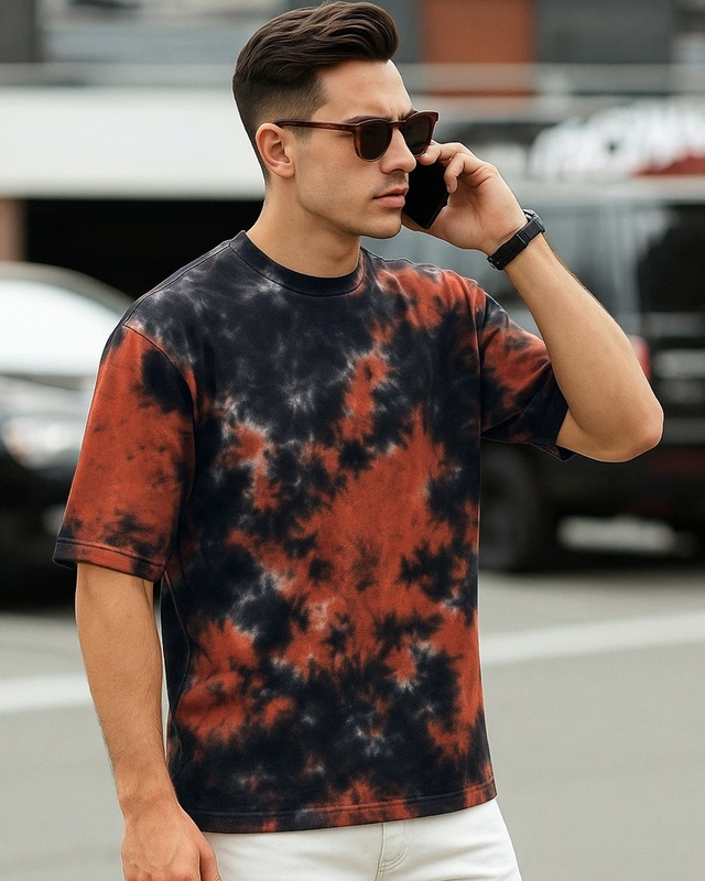Shop Men's Black & Orange Tie & Dye Oversized T-shirt-Front