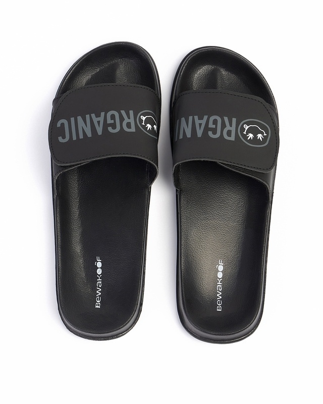 Shop Men's Black Organic Printed Velcro Sliders-Front