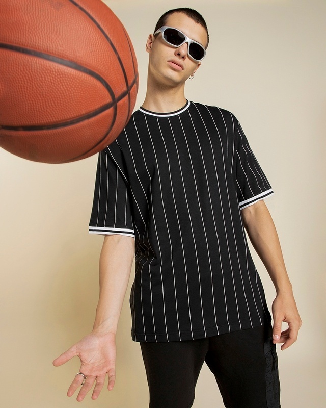 Shop Men's Black Striped Oversized T-shirt-Front