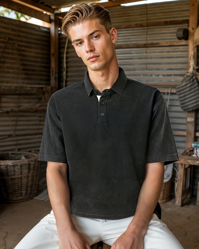 Shop Men's Black Oversized Acid Wash Polo T-shirt-Front