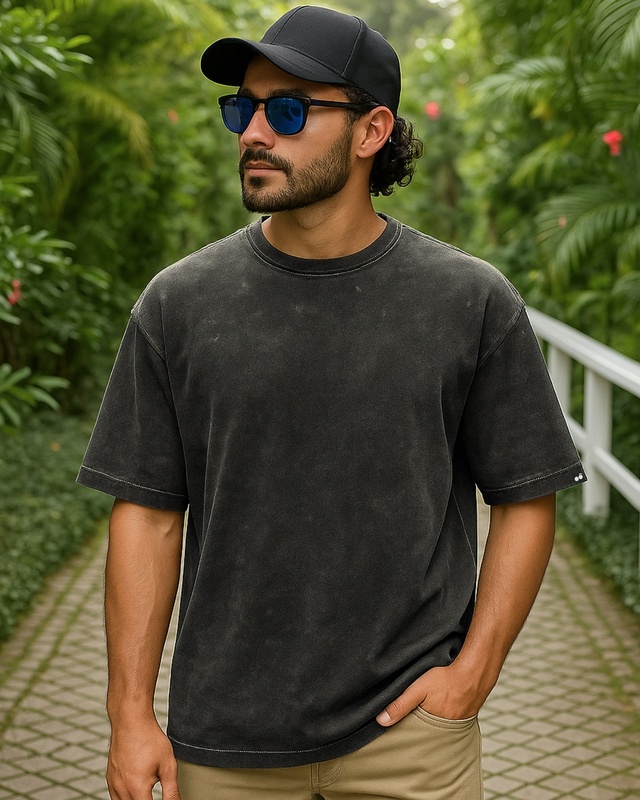 Men's Black Oversized Acid Wash T-shirt-Front Bewakoof Shop Men's Black Oversized Acid Wash T-shirt-Front