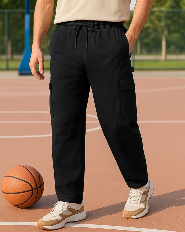 Shop Men's Black Oversized Cargo Carpenter Pants-Front