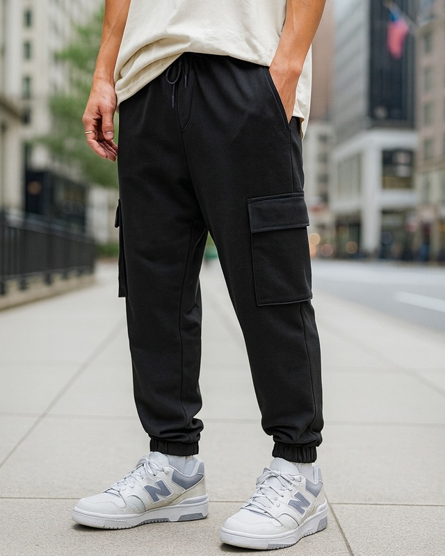 Shop Men's Black Oversized Cargo Joggers-Front