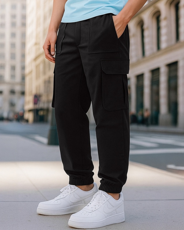 Shop Men's Black Oversized Cargo Joggers-Front