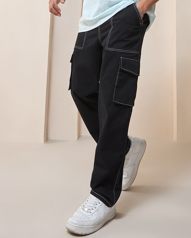 Shop Men's Black Oversized Cargo Pants-Front