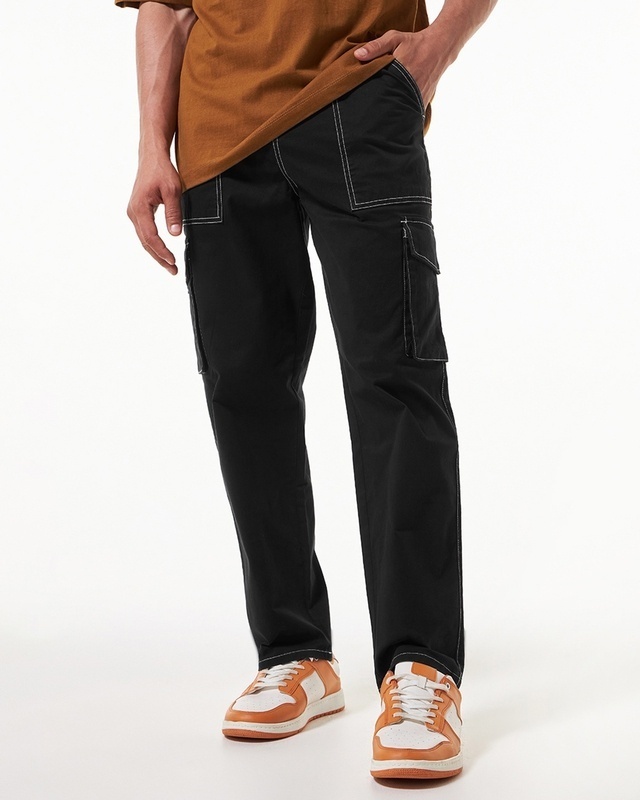 Shop Men's Black Oversized Cargo Pants-Front