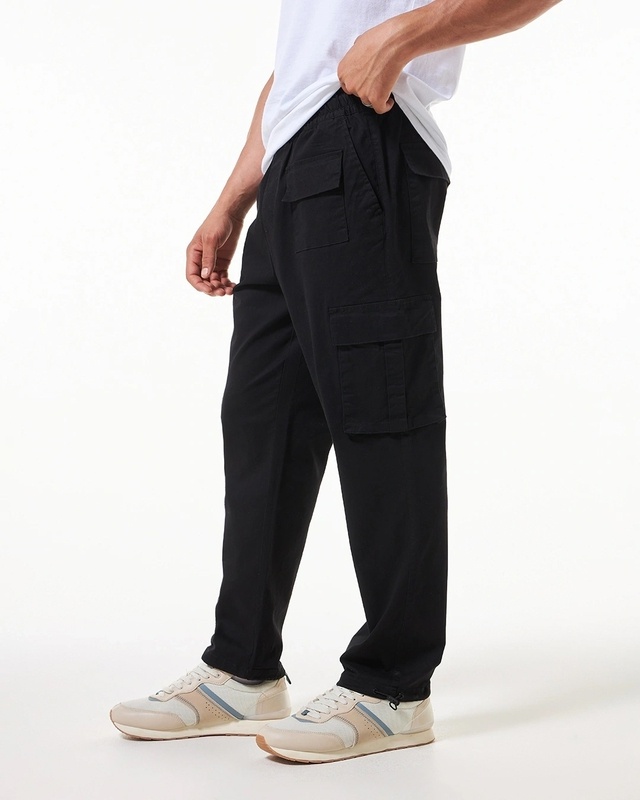 Shop Men's Black Oversized Cargo Parachute Pants-Front