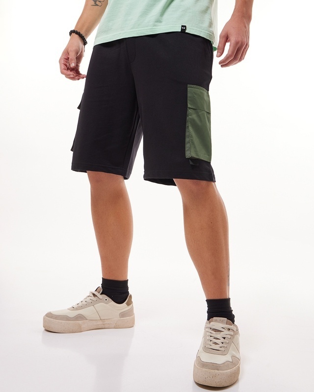 Shop Men's Black Color Block Oversized Cargo Shorts-Front