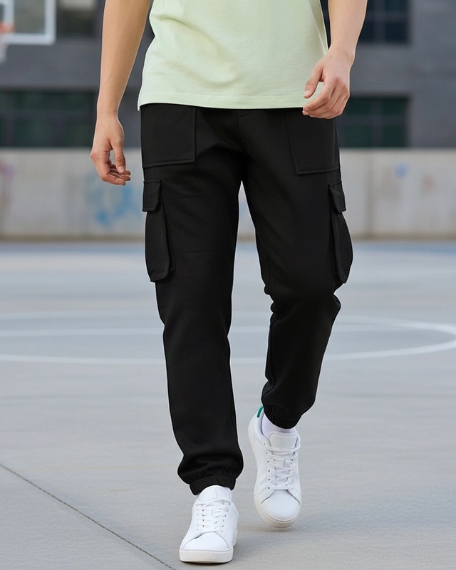 Shop Men's Black Oversized Cargo Warm Joggers-Front