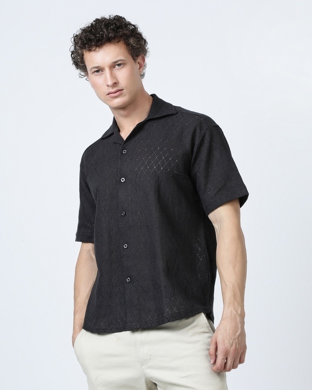 Shop Men's Black Oversized Crochet Shirt-Front