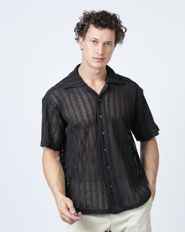 Shop Men's Black Oversized Crochet Shirt-Front