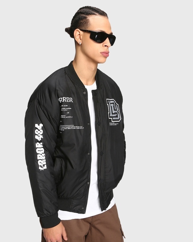 Shop Men's Black Error Typography Oversized Bomber Jacket-Front