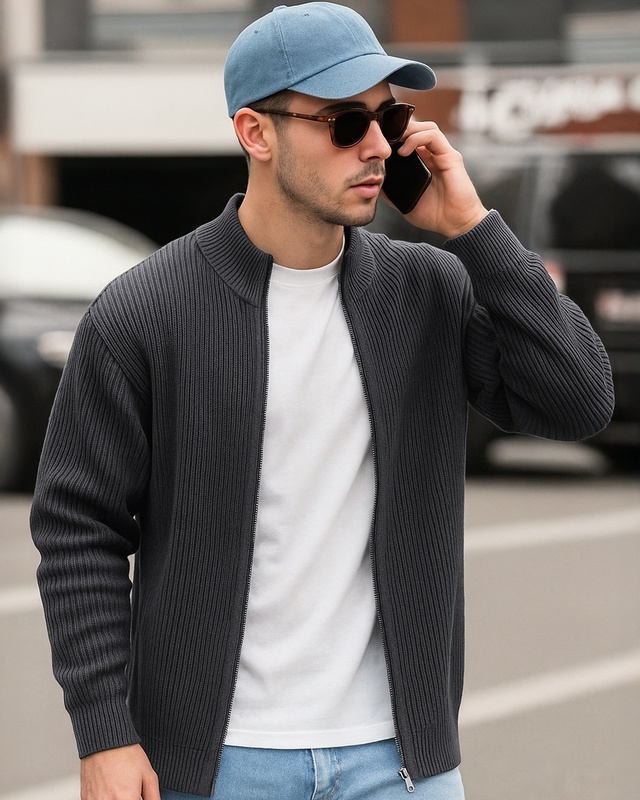Shop Men's Black Textured Oversized Acid Wash Zipper Sweater-Front