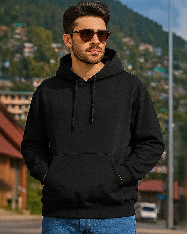 Men's Black Oversized Hoodies-Front Bewakoof Shop Men's Black Oversized Hoodies-Front