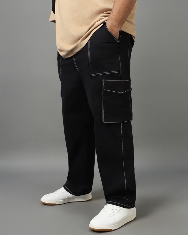 Shop Men's Black Oversized Plus Size Cargo Pants-Front