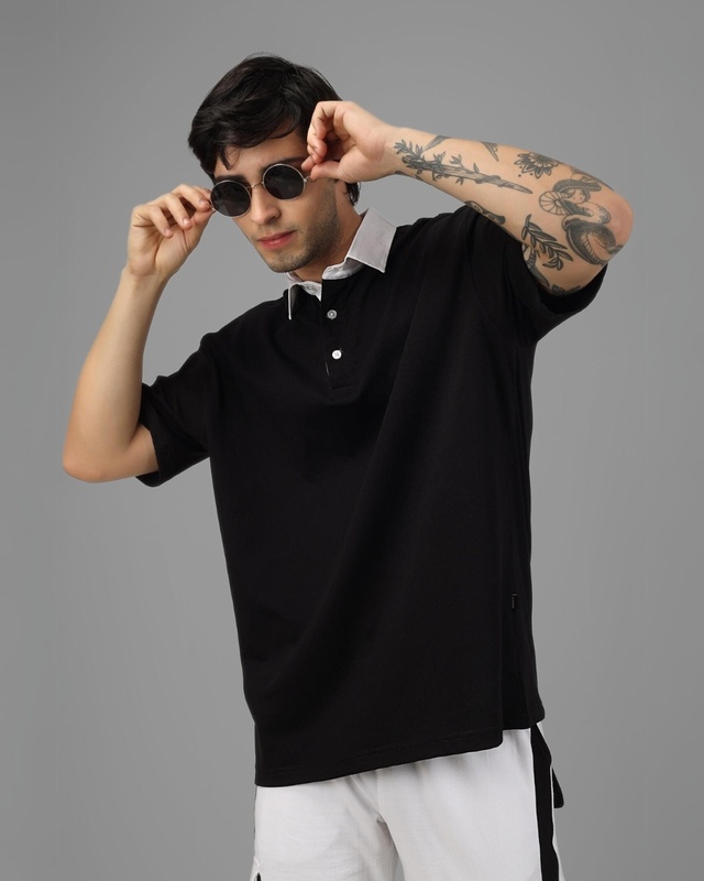 Shop Men's Black Oversized Polo T-shirt-Front