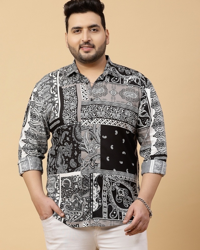 Shop Men's Black & White All Over Paisley Printed Plus Size Shirt-Front