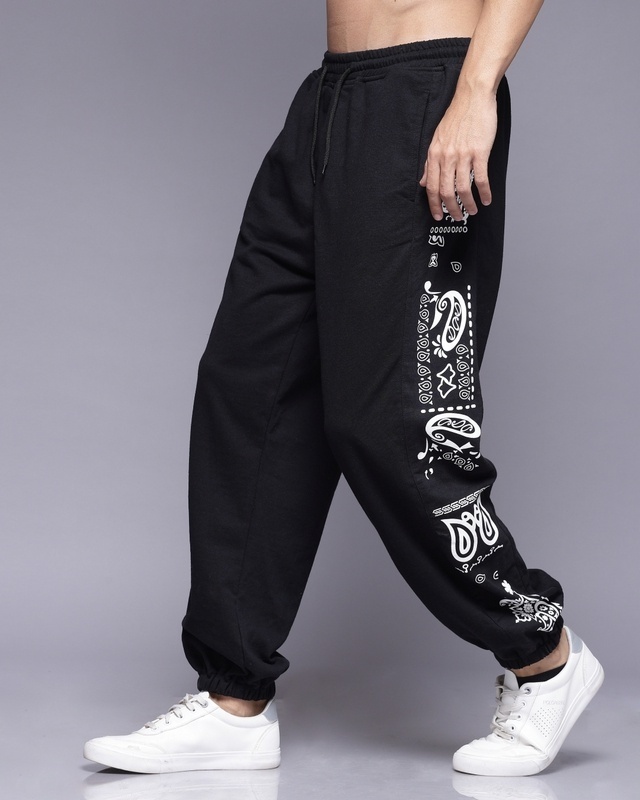 Shop Men's Black Paisley Printed Relaxed Fit Joggers-Front