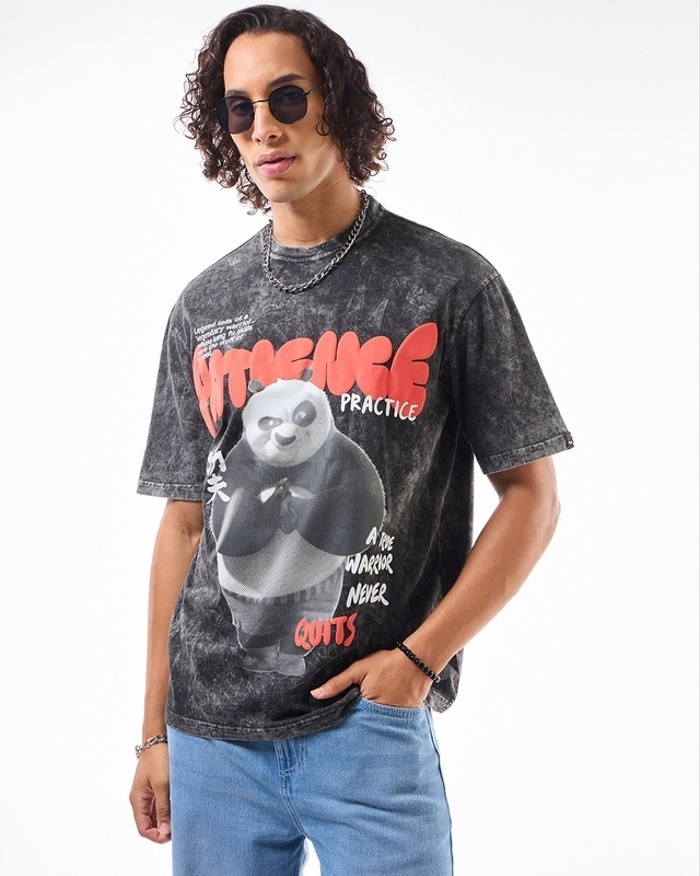 Shop Men's Black Patience is the Key Graphic Printed Oversized Acid Wash T-shirt-Front