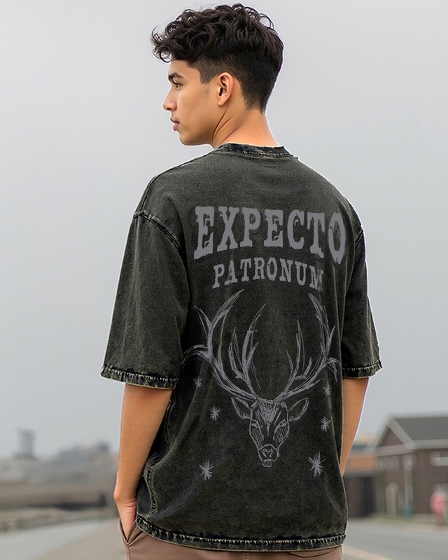 Shop Men's Black Patronum Graphic Printed Oversized Acid Wash T-shirt-Front