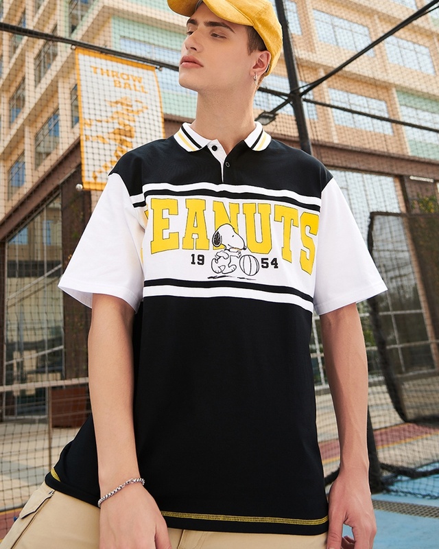 Shop Men's Black Pea Color Block Oversized T-shirt-Front