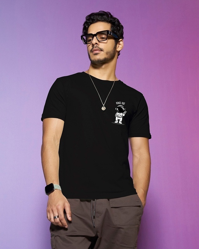 Shop Men's Black Peace Out Astronaut Graphic Printed T-shirt-Front
