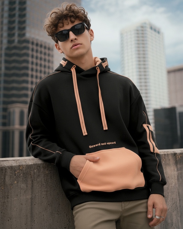Men's Black & Peach Cobbler Color Block Oversized Hoodies-Front Bewakoof Shop Men's Black & Peach Cobbler Color Block Oversized Hoodies-Front