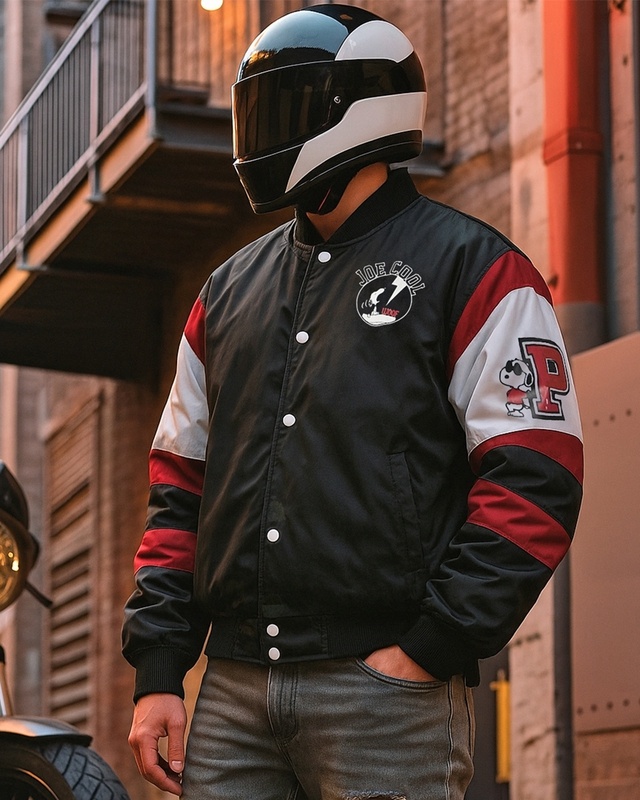 Men's Black Peanuts Typography Oversized Bomber Jacket-Front Bewakoof Shop Men's Black Peanuts Typography Oversized Bomber Jacket-Front