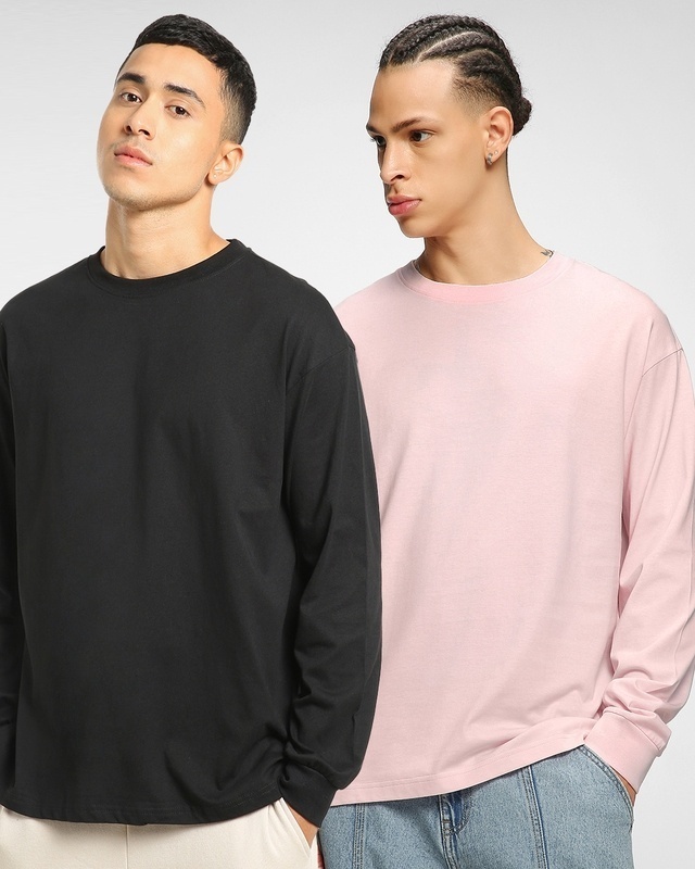 Shop Pack of 2 Men's Black & Pink Oversized T-shirt-Front