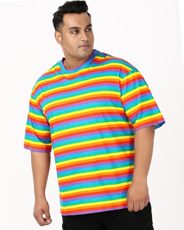 Shop Men's Pride Multicolor Striped Loose Fit Plus Size T-shirt-Front