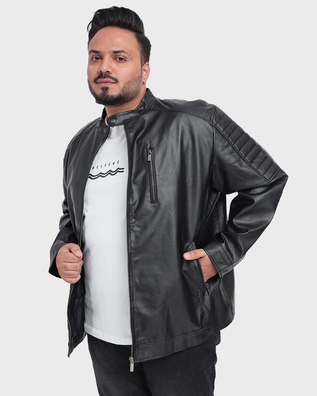 Shop Men's Black Plus Size PU Jacket-Front