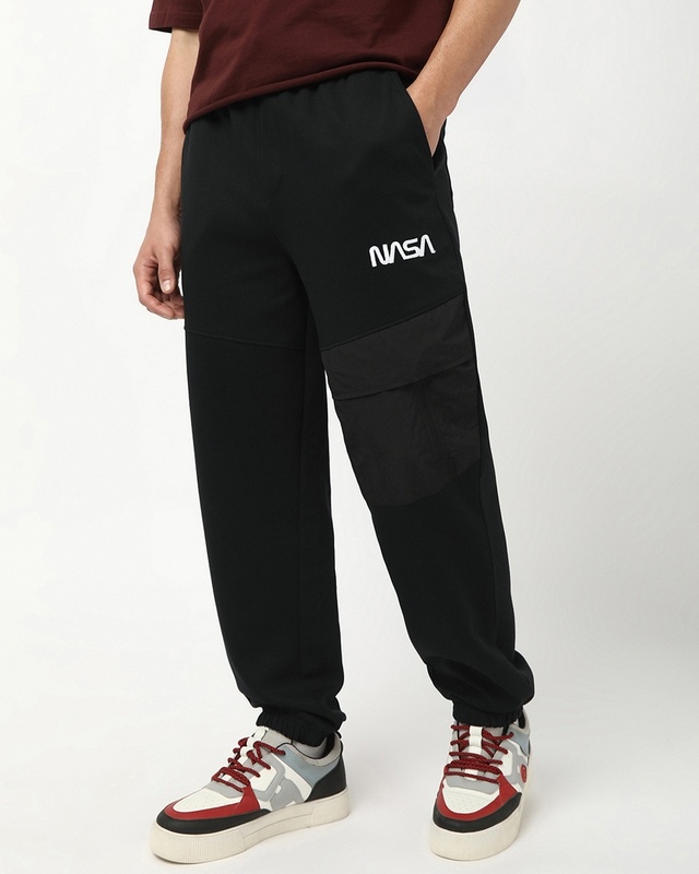 Shop Men's Black NASA Typography Oversized Cargo Joggers-Front