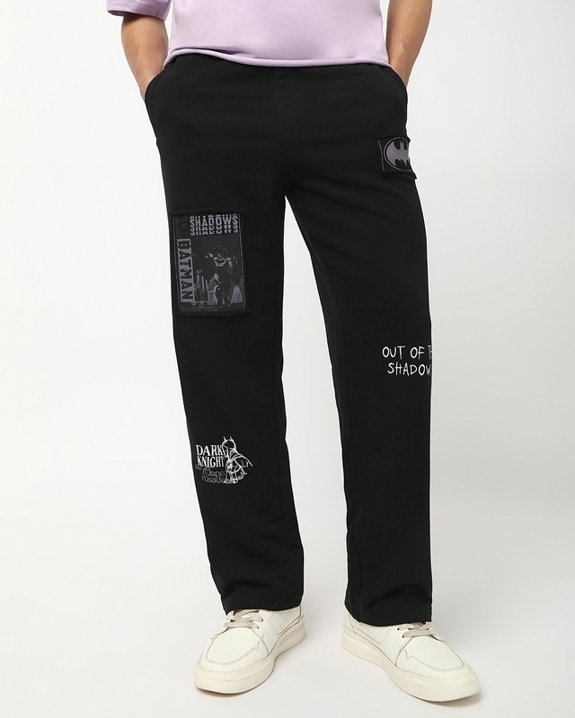 Shop Men's Black Batman Graphic Printed Oversized Track Pants-Front