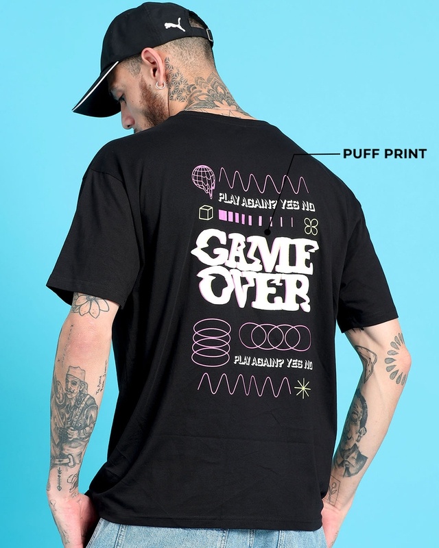 Men's Black Puff Printed Oversized T-Shirt