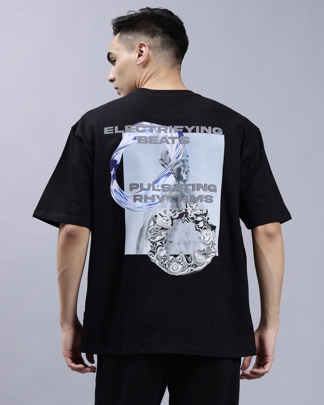Shop Men's Black Pulsating Rhythms Reflective Printed Oversized T-shirt-Front