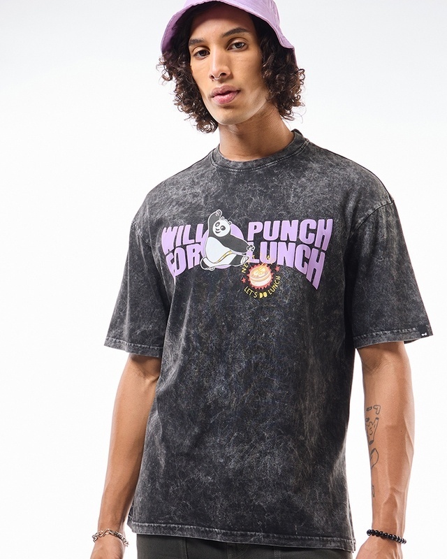 Shop Men's Black Punch For Lunch Graphic Printed Oversized Acid Wash T-shirt-Front