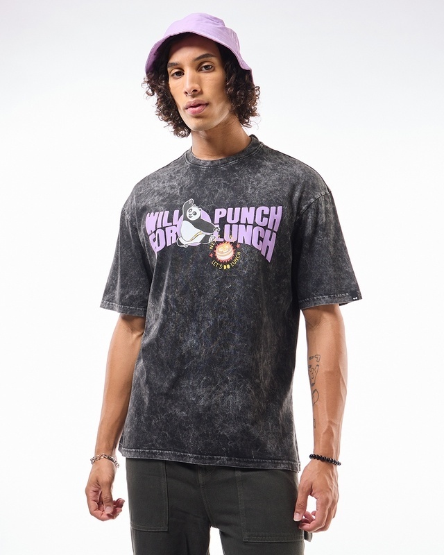 Shop Men's Black Punch For Lunch Graphic Printed Oversized Acid Wash T-shirt-Front