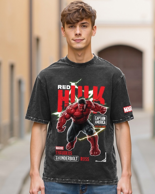 Shop Men's Black Red Hulk Graphic Printed Oversized Acid Wash T-shirt-Front