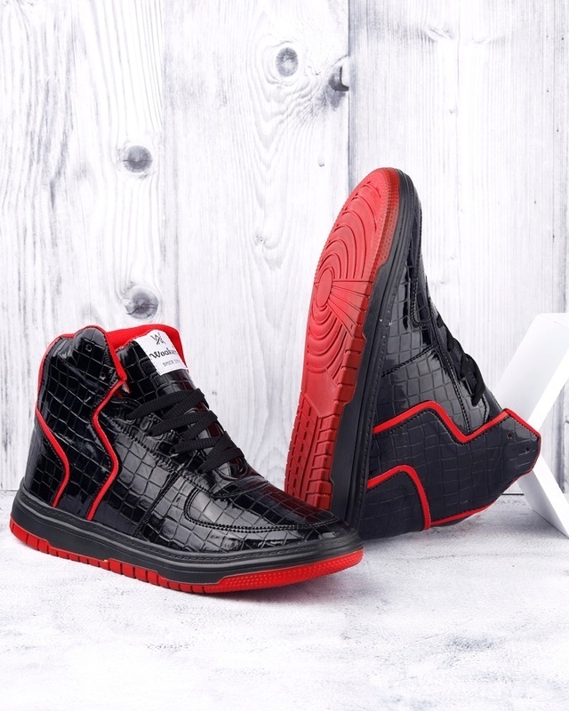 Shop Men's Black & Red Textured High-Top Sneakers-Front