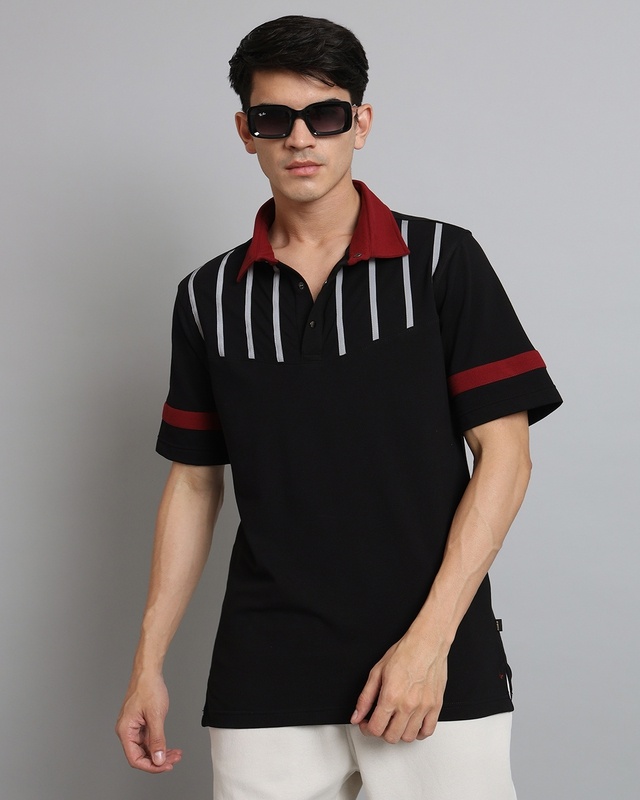 Shop Men's Black Reflective Printed Polo T-shirt-Front